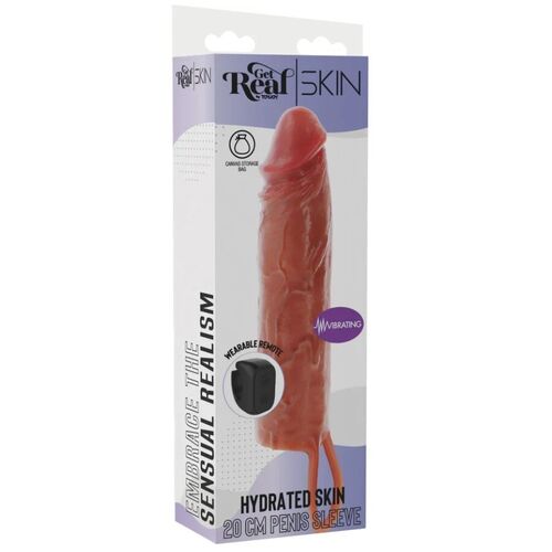 GET REAL - FUNDA HYDRATED SKIN DE SILICONA CON VIBRACIÓN PARA PENE CARAMELO 20 CM