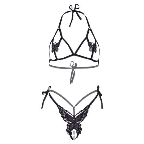 LEG AVENUE SET DOS PIEZAS SUJETADOR Y TANGA DE MARIPOSAS Y PERLAS TALLA UNICA - NEGRO